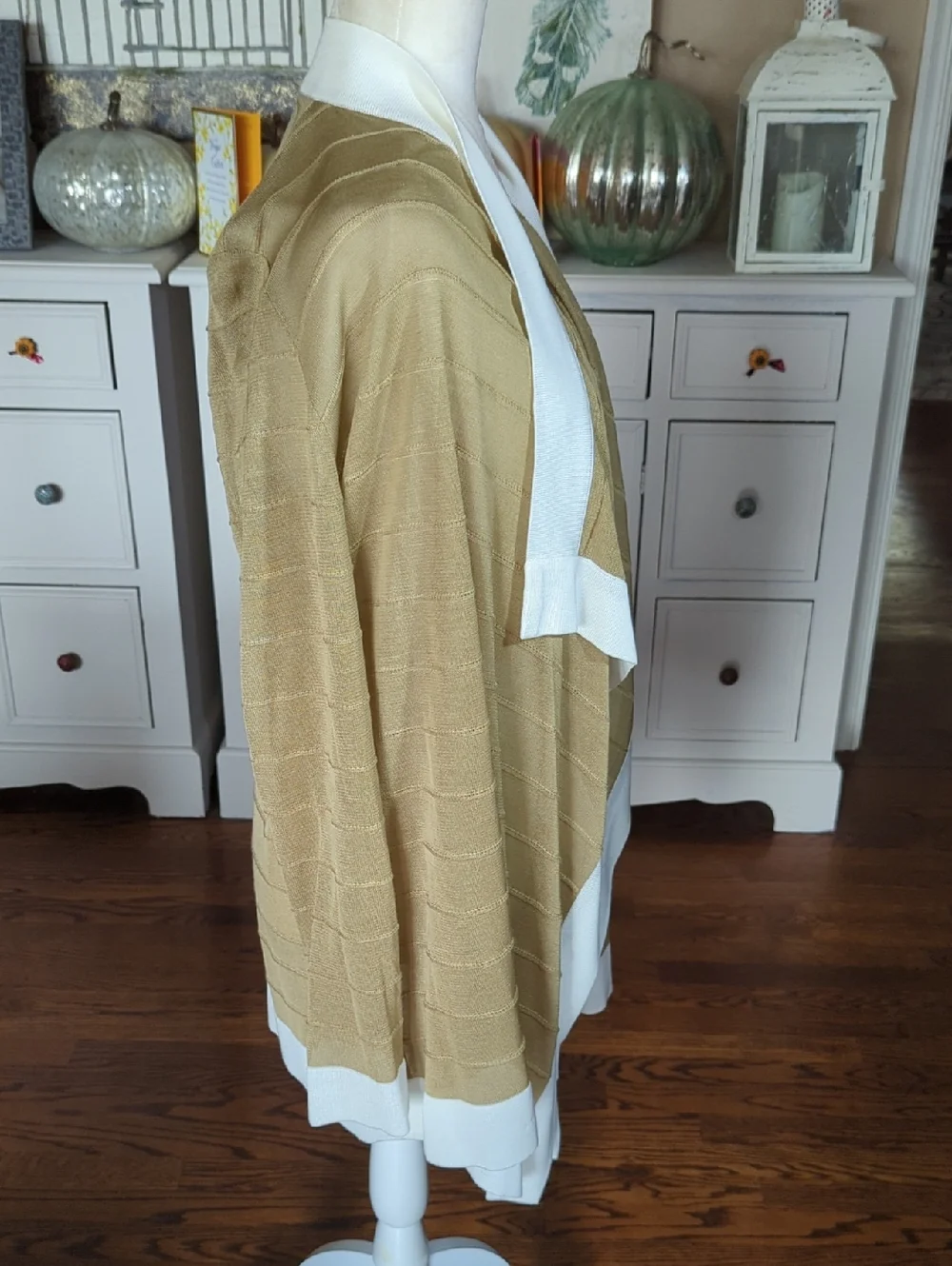 Misook Beige Long Cascade Knit Cardigan  White Trim Open-Front Old Money Sz S - Picture 3 of 8